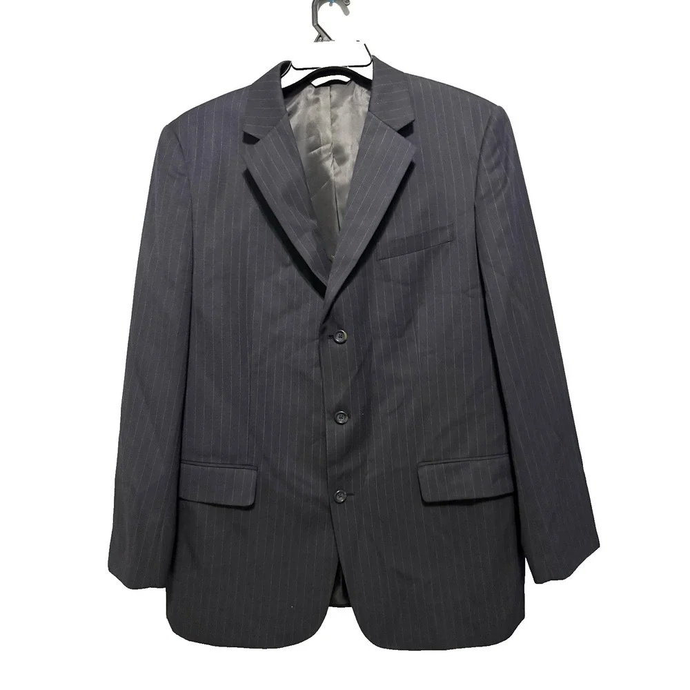 Merona 44R 2PC Suit Blazer Men Pants 36x30 Poly Blend Deep Navy Blue Gray Stripe